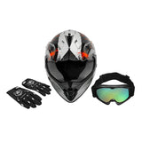 Black and silver motocross helmet with red accents, black riding gloves, and reflective goggles