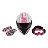 Pink and white kids motocross helmet, goggles, and gloves set with star patterns
