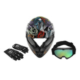 Colorful motocross helmet, black gloves, and mirrored goggles on white background