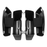 Open black motorcycle saddlebags with chrome latches shown from above on white background
