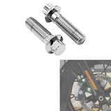 Stainless steel motorcycle brake caliper bolts with wheel installation close-up