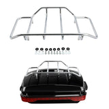 Chrome motorcycle tour pack luggage rack with mounting hardware and black trunk case