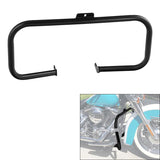 Black motorcycle engine guard crash bar with inset photo showing installation on a cruiser bike