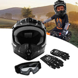 Kids motocross helmet set with gloves and goggles, child riding dirt bike outdoors