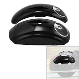 Glossy black motorcycle saddlebag speaker lids with chrome trim and speaker grills