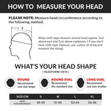 Head measuring guide with diagram, head shape chart, and helmet size chart in centimeters
