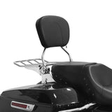 Motorcycle backrest and luggage rack on black leather seat