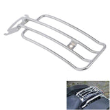 Chrome motorcycle luggage rack with mounting bracket, shown installed on a black motorcycle.
