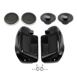 Black motorcycle saddlebag speaker lids with mounting hardware and circular speakers