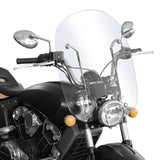 Black motorcycle with clear windshield, round headlight, and chrome mirrors