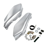Chrome motorcycle heat shield covers with mounting hardware set on white background