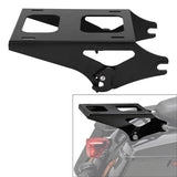 Black motorcycle luggage rack installed on rear fender, durable metal accessory