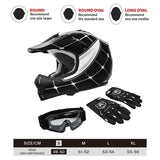 Black motocross helmet, goggles, and gloves set with size chart and fit guide