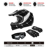 Black motocross helmet with white accents, matching gloves, goggles, and size chart.
