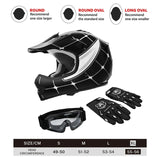 Black motocross helmet with white accents, matching gloves and goggles, size chart, and fit guide.