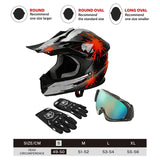 Black and red motocross helmet, goggles, and gloves sizing guide with head shape chart