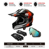 Black and red motocross helmet with matching gloves, goggles, and size chart