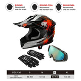 Black motocross helmet with red graphics, matching gloves, goggles, and helmet sizing guide.
