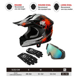 Black and red motocross helmet XL with goggles, gloves, and size guide chart
