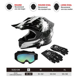 Black and white motocross helmet with goggles, gloves, and head size chart for fitting.