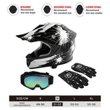 Black and white motocross helmet with goggles, gloves, and sizing chart for head shape guide.