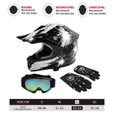 Black and white motocross helmet with visor, gloves, goggles, and size chart for head shapes.