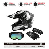 Black and white motocross helmet, goggles, gloves set with sizing and head shape guide.