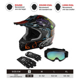 Black motocross helmet with colorful patterns, matching gloves and goggles, size chart below.