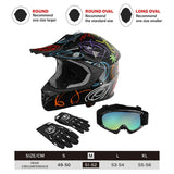 Colorful youth motocross helmet with gloves and goggles, sizing chart included