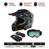 Colorful motocross helmet with abstract designs, black gloves, goggles, and size chart guide.