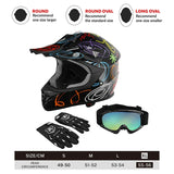 Black motocross helmet with colorful swirl designs, matching gloves, goggles, and sizing chart.
