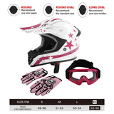 Kids motocross helmet set XL, white with pink stars, matching gloves and goggles, size chart shown