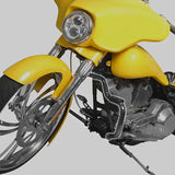 Custom yellow motorcycle front view with chrome engine and disc brakes on gray background