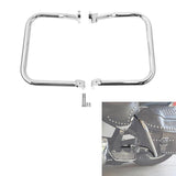 Chrome motorcycle saddlebag guard bars with mounting hardware and installed example.