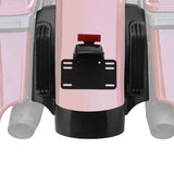 Pink motorcycle rear fender with black carbon fiber trim and license plate holder