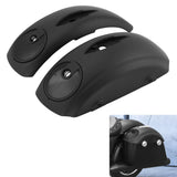 Black motorcycle saddlebag lids with built-in speaker cutouts and mounting hardware