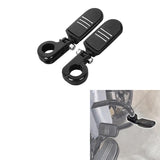 Black motorcycle highway foot pegs with clamp mounts and chrome accents, shown on bike crash bar