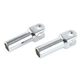 Pair of chrome metal rod ends with mounting holes on white background