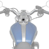 Blue motorcycle gas tank with chrome trim, viewed from rider’s perspective