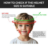 Helmet size check guide for kids, showing pressure points on boy's head and cheeks.