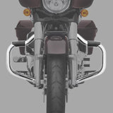 Front view of motorcycle with chrome highway crash bars and rubber foot pegs.