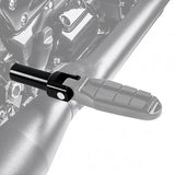 Motorcycle black foot peg bracket with rubber pad mounted on metal frame