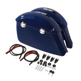 Blue motorcycle saddlebags with locks, mounting hardware, and rubber seal strips set.