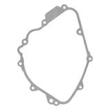Metal engine cover gasket with multiple bolt holes on white background