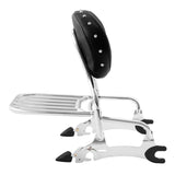 Chrome motorcycle sissy bar with black backrest and luggage rack on white background