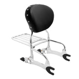 Chrome motorcycle sissy bar with black padded backrest and luggage rack on white background
