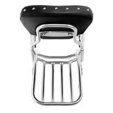 Chrome motorcycle luggage rack with black studded passenger backrest