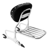 Chrome motorcycle sissy bar with black studded backrest and luggage rack