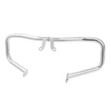 Chrome motorcycle engine guard bar with mounting brackets on white background