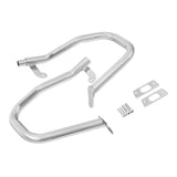 Chrome motorcycle engine guard crash bar kit with mounting brackets and bolts on white background